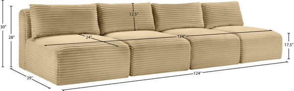 Meridian Furniture Shaggy Armless Modular Sectional Sofa in Wide Wale Corduroy Performance Fabric Living Room Camel 124 inches 641Camel-S124