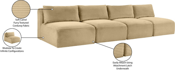 Meridian Furniture Shaggy Armless Modular Sectional Sofa in Wide Wale Corduroy Performance Fabric Living Room Camel 124 inches 641Camel-S124