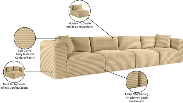 Meridian Furniture Shaggy Corduroy Modular Sofa Plush Performance Fabric Stain Resistant Living Room Seating Camel 140 inches 641Camel-S140