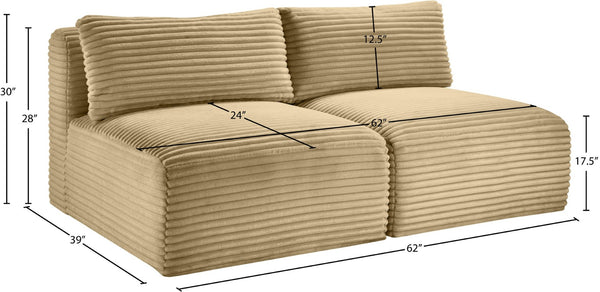 Meridian Furniture Shaggy Two Piece Armless Modular Loveseat in Stain Resistant Plush Corduroy Performance Fabric Camel 641Camel-S62