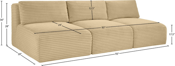 Meridian Furniture Shaggy Armless Modular Sectional Sofa in Wide Wale Corduroy Performance Fabric Living Room Camel 93 inches 641Camel-S93