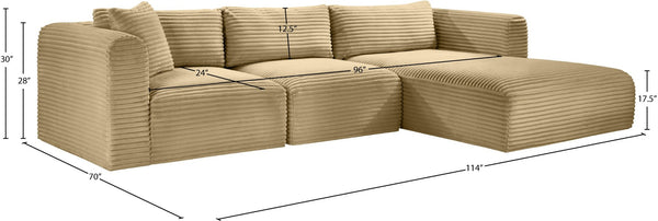 Meridian Furniture Shaggy Camel Corduroy Modular Sectional Plush Performance Fabric Flexible Seating 641Camel-Sec3A