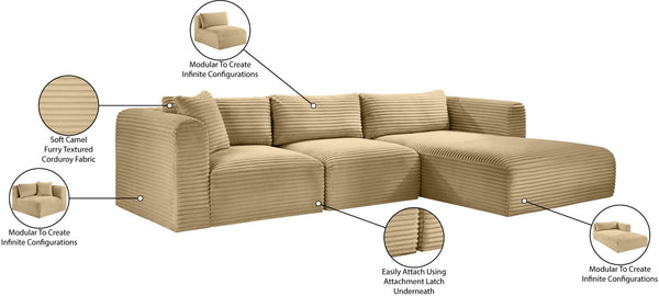 Meridian Furniture Shaggy Camel Corduroy Modular Sectional Plush Performance Fabric Flexible Seating 641Camel-Sec3A