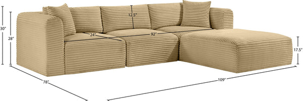 Meridian Furniture Shaggy Four Piece Modular Sectional with Corduroy Upholstery for Living Room Comfort 641Camel-Sec4A