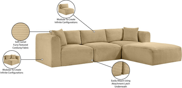 Meridian Furniture Shaggy Four Piece Modular Sectional with Corduroy Upholstery for Living Room Comfort 641Camel-Sec4A