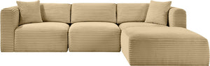 Meridian Furniture Shaggy Four Piece Modular Sectional with Corduroy Upholstery for Living Room Comfort 641Camel-Sec4A