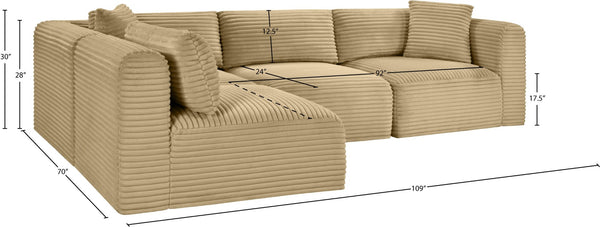 Meridian Furniture Shaggy Four Piece Modular Sectional Corduroy Performance Fabric Low Profile Living Room 641Camel-Sec4B
