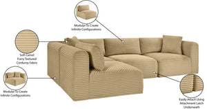 Meridian Furniture Shaggy Four Piece Modular Sectional Corduroy Performance Fabric Low Profile Living Room 641Camel-Sec4B