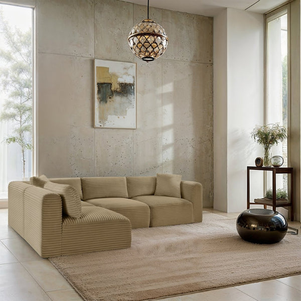 Meridian Furniture Shaggy Four Piece Modular Sectional Corduroy Performance Fabric Low Profile Living Room 641Camel-Sec4B