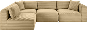 Meridian Furniture Shaggy Four Piece Modular Sectional Corduroy Performance Fabric Low Profile Living Room 641Camel-Sec4B