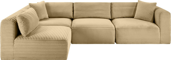 Meridian Furniture Shaggy Four Piece Modular Sectional Corduroy Performance Fabric Low Profile Living Room 641Camel-Sec4B