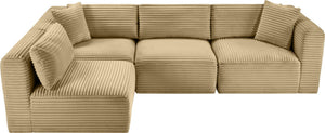 Meridian Furniture Shaggy Four Piece Modular Sectional Corduroy Performance Fabric Low Profile Living Room 641Camel-Sec4B
