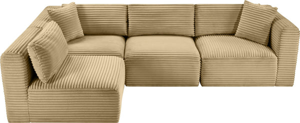 Meridian Furniture Shaggy Four Piece Modular Sectional Corduroy Performance Fabric Low Profile Living Room 641Camel-Sec4B