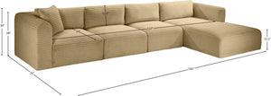 Meridian Furniture Shaggy Four Piece Modular Sectional with Plush Corduroy Upholstery for Living Rooms 641Camel-Sec4C