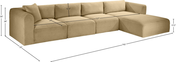 Meridian Furniture Shaggy Four Piece Modular Sectional with Plush Corduroy Upholstery for Living Rooms 641Camel-Sec4C