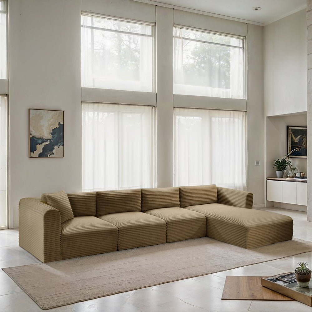 Meridian Furniture Shaggy Four Piece Modular Sectional with Plush Corduroy Upholstery for Living Rooms 641Camel-Sec4C