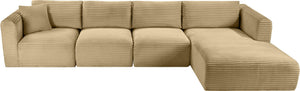 Meridian Furniture Shaggy Four Piece Modular Sectional with Plush Corduroy Upholstery for Living Rooms 641Camel-Sec4C
