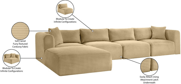 Meridian Furniture Shaggy 5 Piece Corduroy Modular Sectional with Performance Fabric for Living Rooms 641Camel-Sec5A