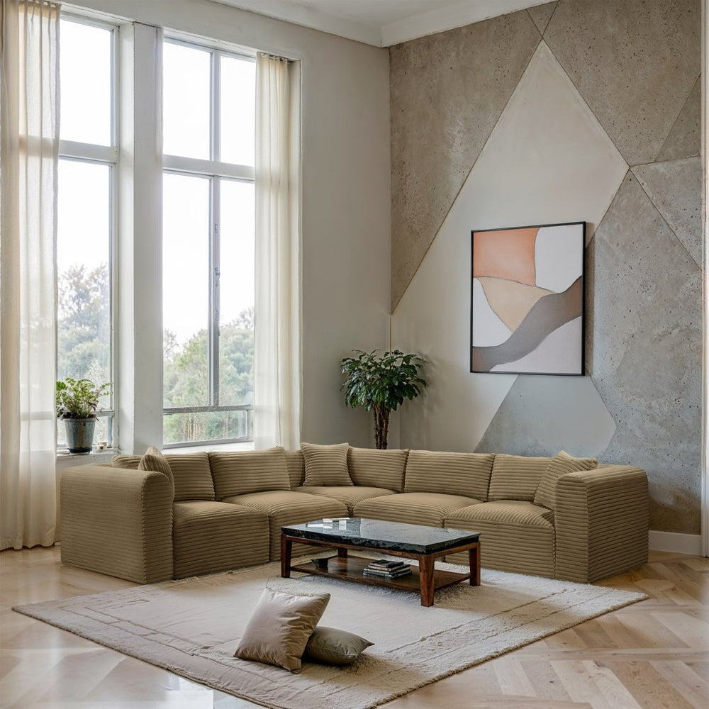 Meridian Furniture Shaggy 5 Piece Modular Sectional Corduroy Performance Fabric Living Room Sofa Set 641Camel-Sec5C