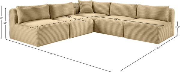 Meridian Furniture Shaggy Five Piece Modular Sectional in Camel Corduroy Performance Fabric for Living Rooms 641Camel-Sec5D