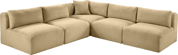 Meridian Furniture Shaggy Five Piece Modular Sectional in Camel Corduroy Performance Fabric for Living Rooms 641Camel-Sec5D