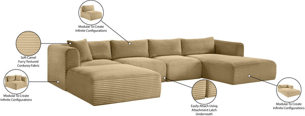 Meridian Furniture Shaggy Five Piece Modular Sectional in Stain Resistant Corduroy for Spacious Living Rooms 641Camel-Sec5E