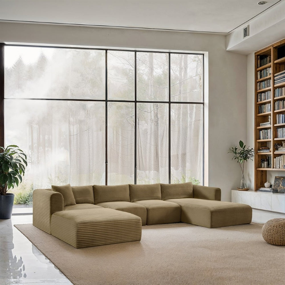 Meridian Furniture Shaggy Five Piece Modular Sectional in Stain Resistant Corduroy for Spacious Living Rooms 641Camel-Sec5E