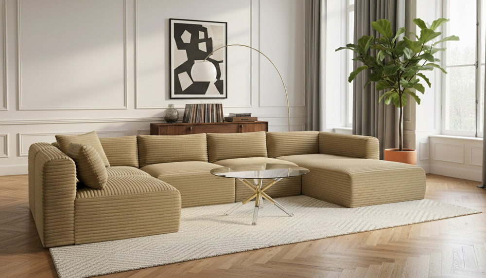 Meridian Furniture Shaggy Five Piece Modular Sectional Wide Wale Corduroy Living Room Sofa Set 641Camel-Sec5F