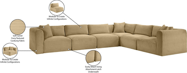 Meridian Furniture Shaggy Six Piece Modular Sectional Corduroy Upholstered Stain Resistant Living Room Sofa 641Camel-Sec6A