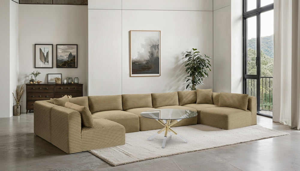 Meridian Furniture Shaggy Seven Piece Modular Sectional Corduroy Performance Fabric Camel Living Room 641Camel-Sec7A