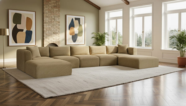 Meridian Furniture Shaggy Seven Piece Modular Sectional Camel Corduroy Fabric Stain Resistant Living Room 641Camel-Sec7C