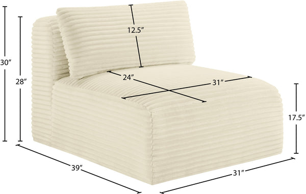 Meridian Furniture Shaggy Corduroy Armless Modular Chair with Plush Foam and Stain Resistant Performance Fabric Cream 641Cream-Armless