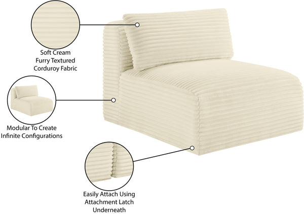 Meridian Furniture Shaggy Corduroy Armless Modular Chair with Plush Foam and Stain Resistant Performance Fabric Cream 641Cream-Armless