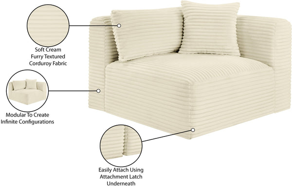Meridian Furniture Shaggy Corduroy Modular Corner Chair with Plush Foam and Stain Resistant Performance Fabric Cream 641Cream-Corner