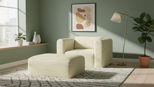 Meridian Furniture Shaggy Corduroy Square Ottoman Plush Modular Linking Design for Living Room Seating Cream 641Cream-Ott