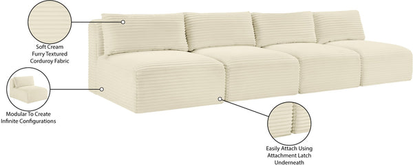 Meridian Furniture Shaggy Armless Modular Sectional Sofa in Wide Wale Corduroy Performance Fabric Living Room Cream 124 inches 641Cream-S124