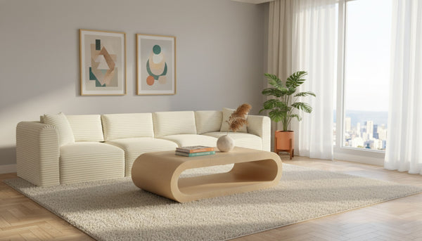Meridian Furniture Shaggy Corduroy Modular Sofa Plush Performance Fabric Stain Resistant Living Room Seating Cream 140 inches 641Cream-S140