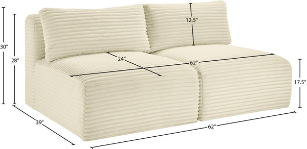 Meridian Furniture Shaggy Two Piece Armless Modular Loveseat in Stain Resistant Plush Corduroy Performance Fabric Cream 641Cream-S62