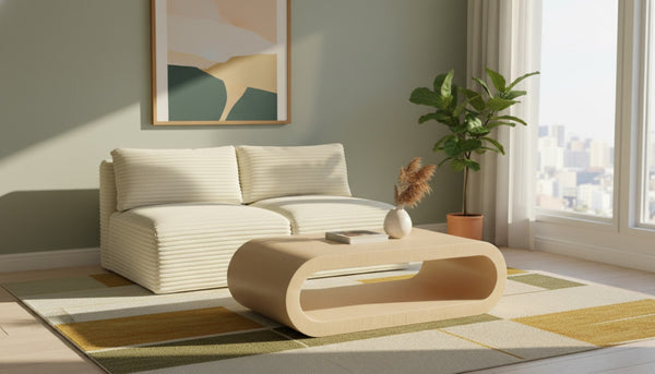 Meridian Furniture Shaggy Two Piece Armless Modular Loveseat in Stain Resistant Plush Corduroy Performance Fabric Cream 641Cream-S62