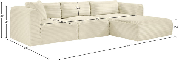 Meridian Furniture Shaggy Cream Corduroy Modular Sectional Plush Performance Fabric Three Piece Living Room Sofa 641Cream-Sec3A