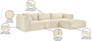 Meridian Furniture Shaggy Cream Corduroy Modular Sectional Plush Performance Fabric Three Piece Living Room Sofa 641Cream-Sec3A