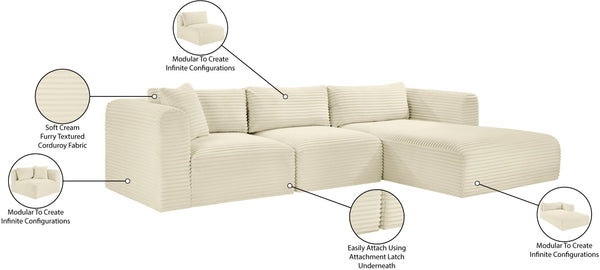 Meridian Furniture Shaggy Cream Corduroy Modular Sectional Plush Performance Fabric Three Piece Living Room Sofa 641Cream-Sec3A