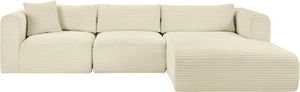 Meridian Furniture Shaggy Cream Corduroy Modular Sectional Plush Performance Fabric Three Piece Living Room Sofa 641Cream-Sec3A
