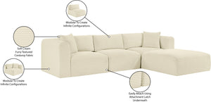 Meridian Furniture Shaggy Cream Corduroy Modular Sectional Plush Textured Fabric Four Piece Living Room Sofa 641Cream-Sec4A