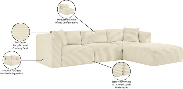 Meridian Furniture Shaggy Cream Corduroy Modular Sectional Plush Textured Fabric Four Piece Living Room Sofa 641Cream-Sec4A