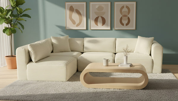 Meridian Furniture Shaggy Cream Corduroy Modular Sectional Four Piece Performance Fabric Living Room Sofa 641Cream-Sec4B