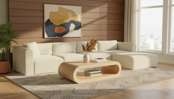 Meridian Furniture Shaggy Cream Corduroy Modular Sectional with Performance Fabric and Plush Foam Seating 641Cream-Sec4C