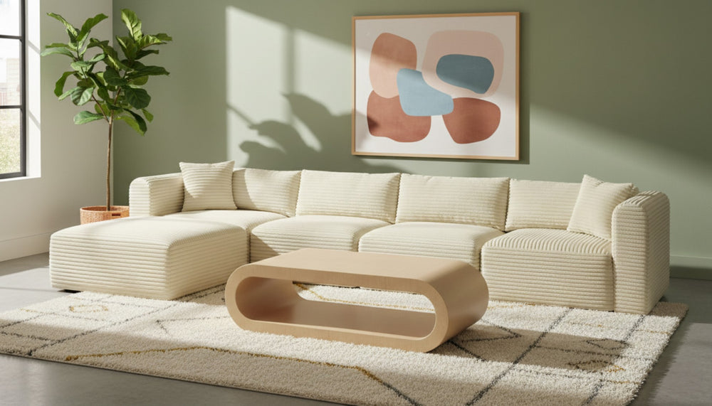 Meridian Furniture Shaggy Five Piece Modular Sectional Corduroy Upholstered for Spacious Living Rooms 641Cream-Sec5A