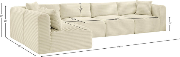 Meridian Furniture Shaggy Five Piece Modular Sectional Cream Corduroy Performance Fabric Living Room Sofa 641Cream-Sec5B