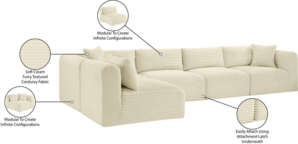 Meridian Furniture Shaggy Five Piece Modular Sectional Cream Corduroy Performance Fabric Living Room Sofa 641Cream-Sec5B